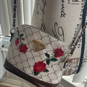 Baby Phat Beige and Brown Crossbody Bag with Red Floral Design